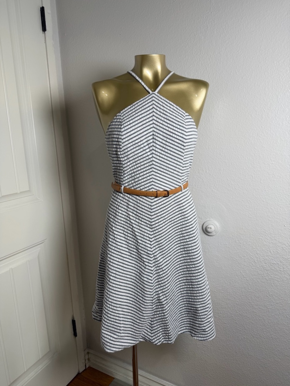 Michael Kors White and Black Striped One-Shoulder Fit-and-Flare Dress Size 2